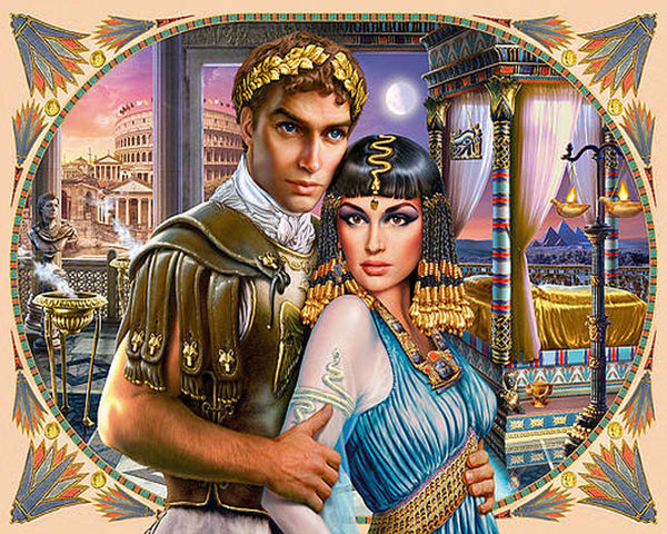 Diamond Painting eines antiken Paares in prächtigen Gewändern vor einer römischen und ägyptischen Kulisse. 
