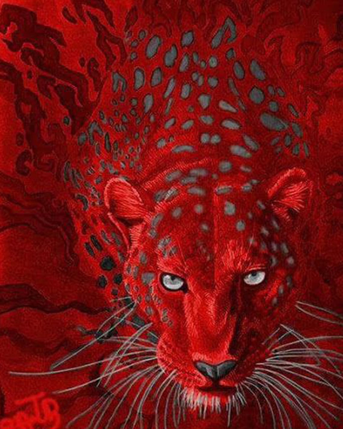 Diamond Painting eines Leopardenkopfs in intensivem Rot mit hellen, leuchtenden Augen vor dunklem Grund. 
