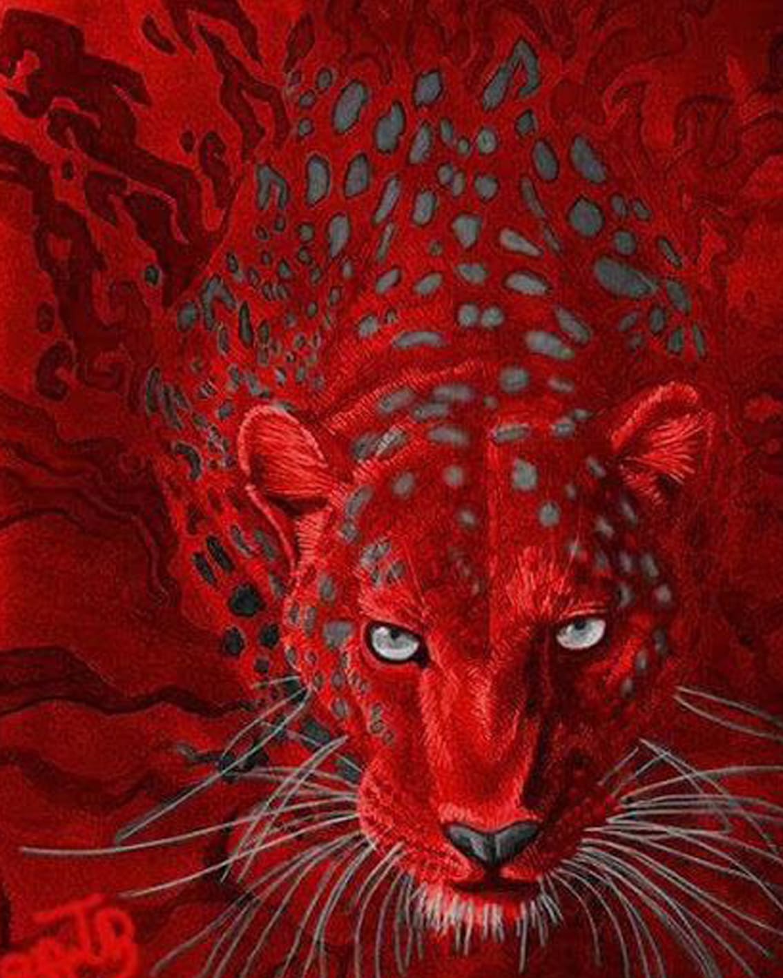 Diamond Painting eines Leopardenkopfs in intensivem Rot mit hellen, leuchtenden Augen vor dunklem Grund. 
