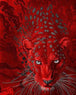 Diamond Painting eines Leopardenkopfs in intensivem Rot mit hellen, leuchtenden Augen vor dunklem Grund. 
