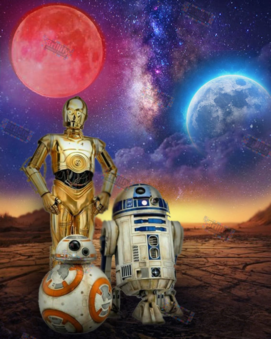 Diamond Painting mit C-3PO, R2-D2 und BB-8 vor Blutmond und Sternenhimmel in einer Wüstenlandschaft.

