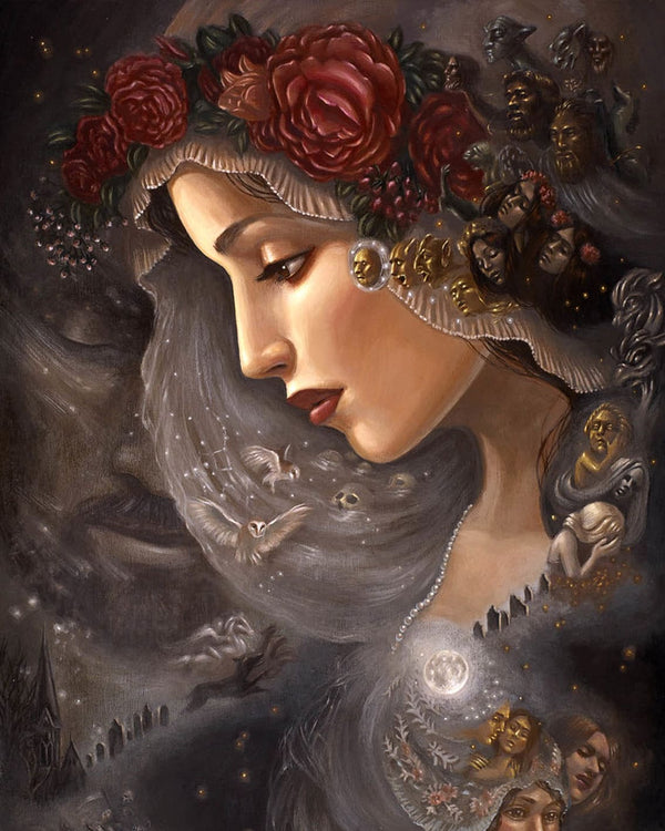 Diamond Painting einer Frau im Profil mit einem Blumenkranz, umgeben von goldenen Masken und Eulen. 
