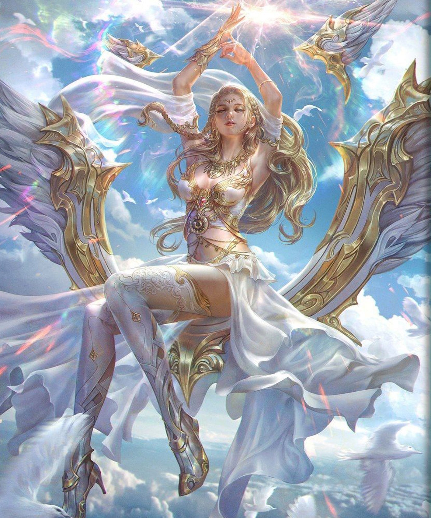 Diamond Painting mit einer Engelskönigin auf Flügelthron vor Wolken und strahlendem Himmel.

