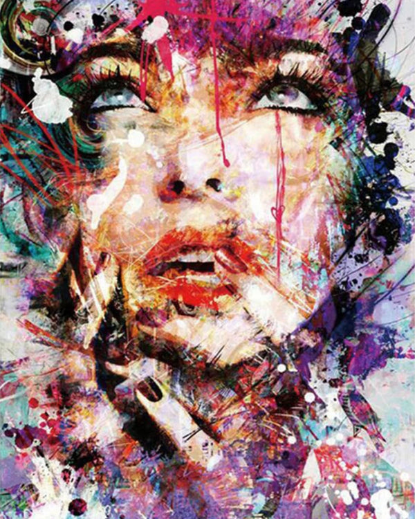 Diamond Painting mit abstraktem Frauenportrait im farbintensiven Splash-Art-Stil.
