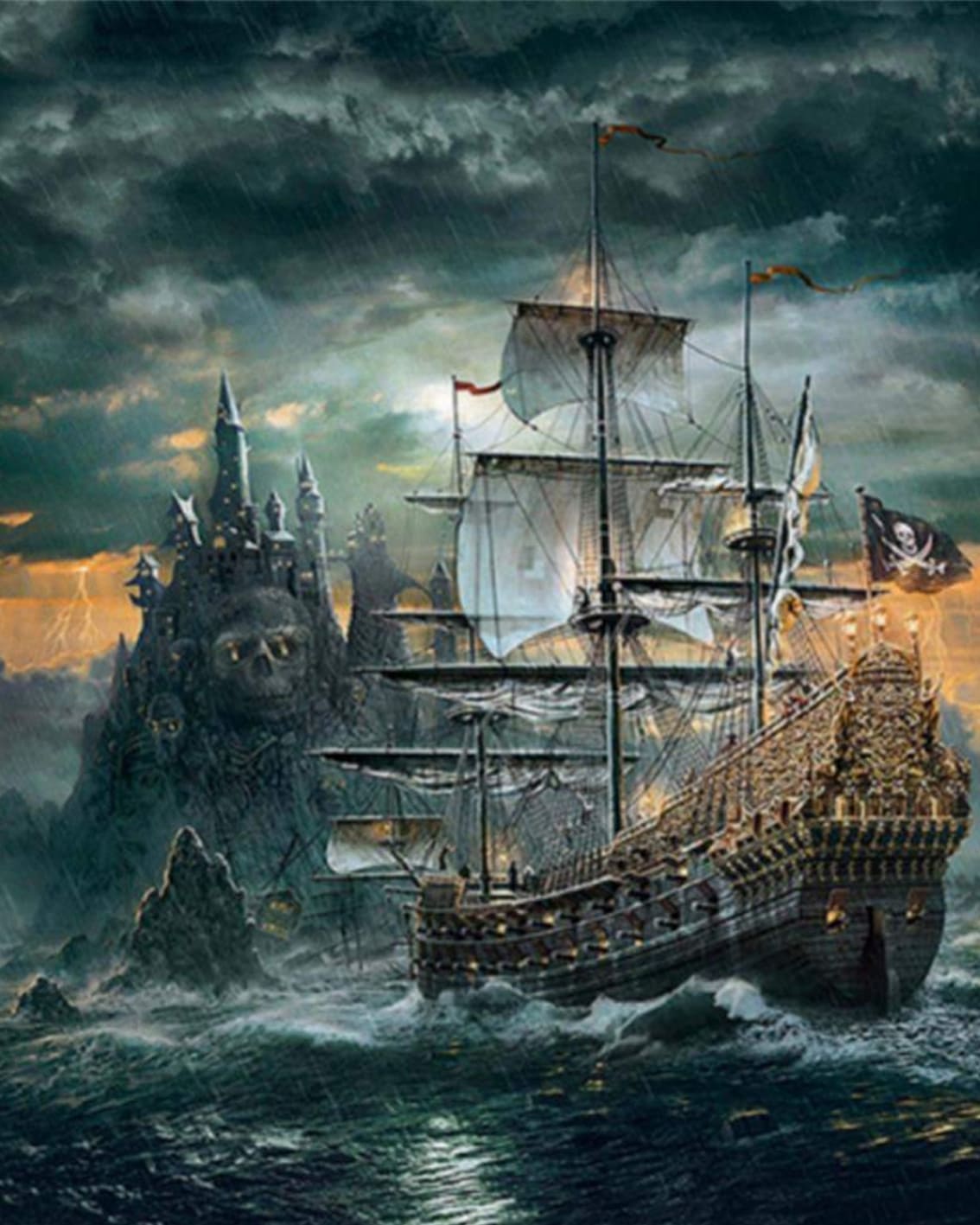 Diamond Painting eines historischen Segelschiffs bei Gewitter vor einer Insel in Form eines Totenkopfes. 
