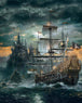 Diamond Painting eines historischen Segelschiffs bei Gewitter vor einer Insel in Form eines Totenkopfes. 
