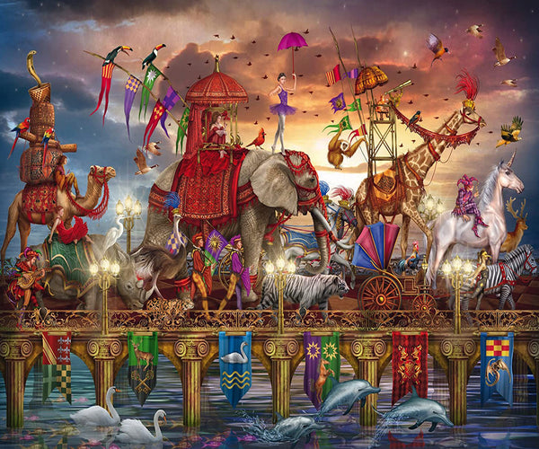 Diamond Painting einer bunten Zirkusparade mit Tieren, die über eine verzierte Brücke marschieren. 
