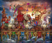 Diamond Painting einer bunten Zirkusparade mit Tieren, die über eine verzierte Brücke marschieren. 
