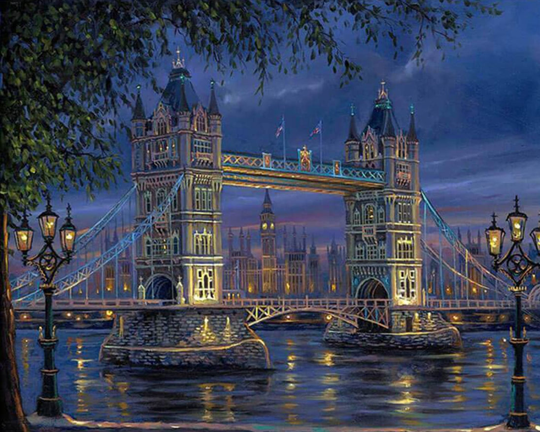 Diamond Painting der beleuchteten Tower Bridge in London bei Nacht mit Spiegelungen auf der Themse. 

