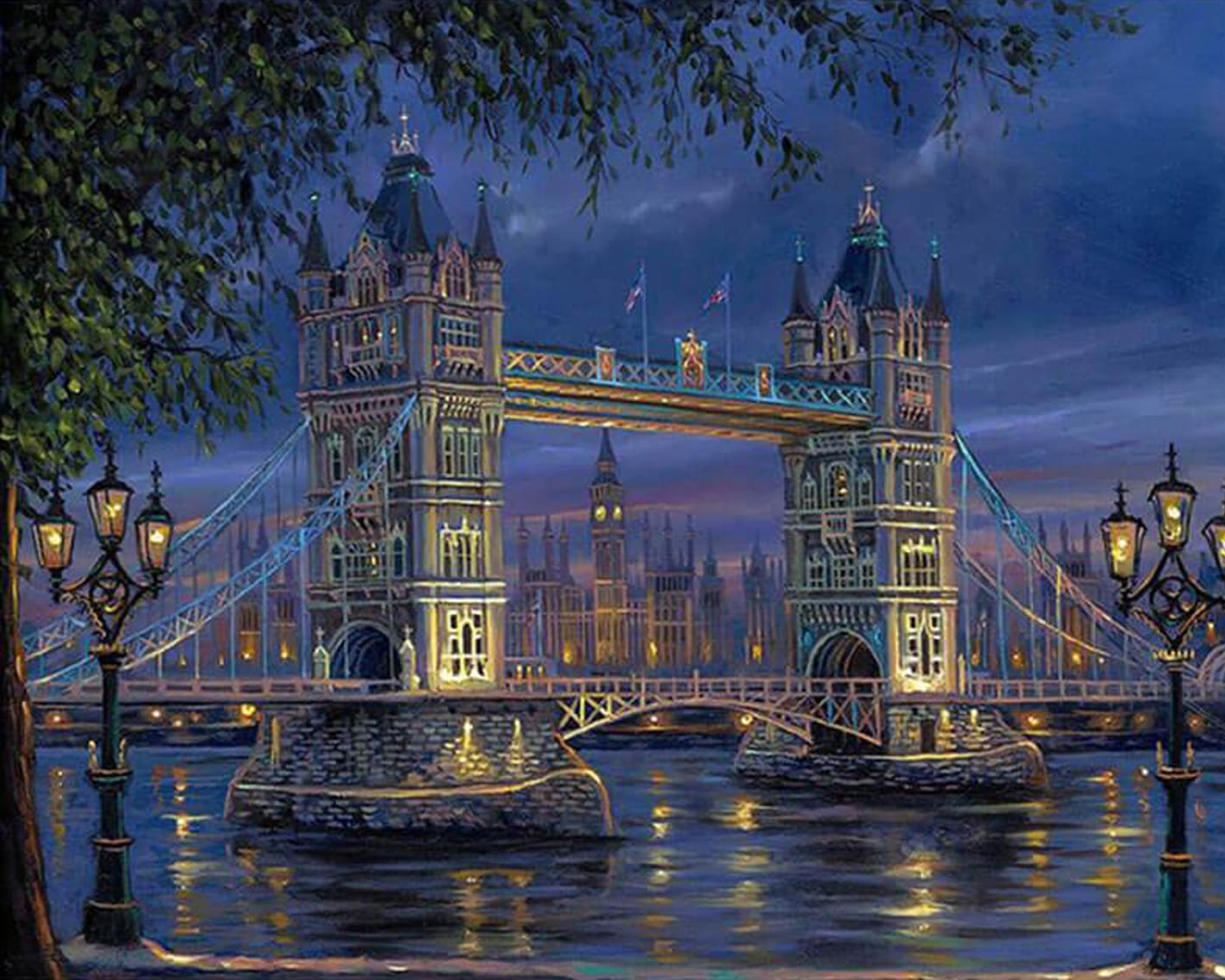 Diamond Painting der beleuchteten Tower Bridge in London bei Nacht mit Spiegelungen auf der Themse. 
