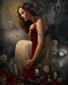 Diamond Painting mit nachdenklicher Frau in mystischer Fantasy-Landschaft mit symbolischen Figuren und dunkler Atmosphäre.
