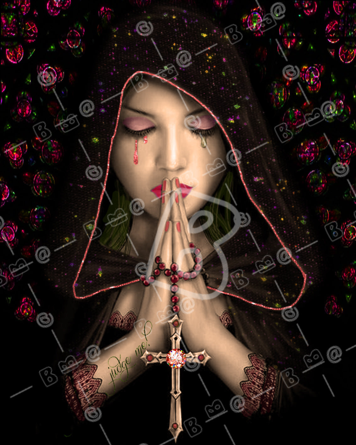 Diamond Painting einer betenden Frau mit Kapuze, Rosenkranz und Kreuz vor dunklem Hintergrund.
