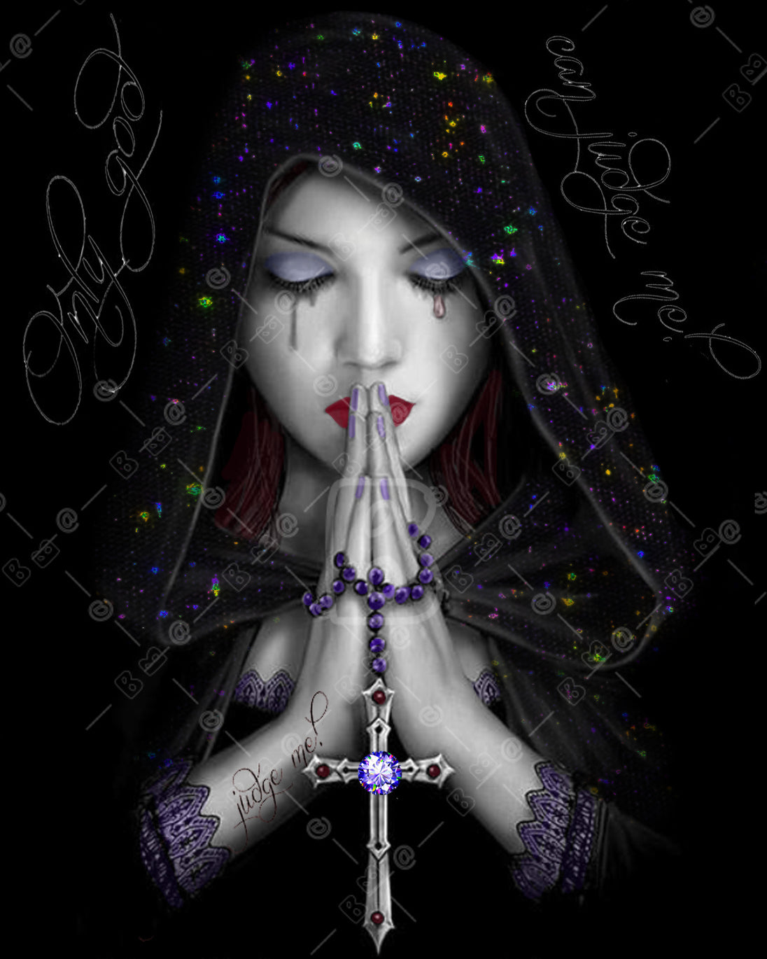 Diamond Painting einer betenden Frau mit schwarzer Kapuze, violettem Rosenkranz und Kreuz.
