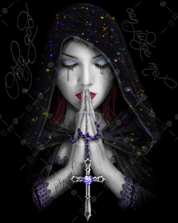 Diamond Painting einer betenden Frau mit schwarzer Kapuze, violettem Rosenkranz und Kreuz.
