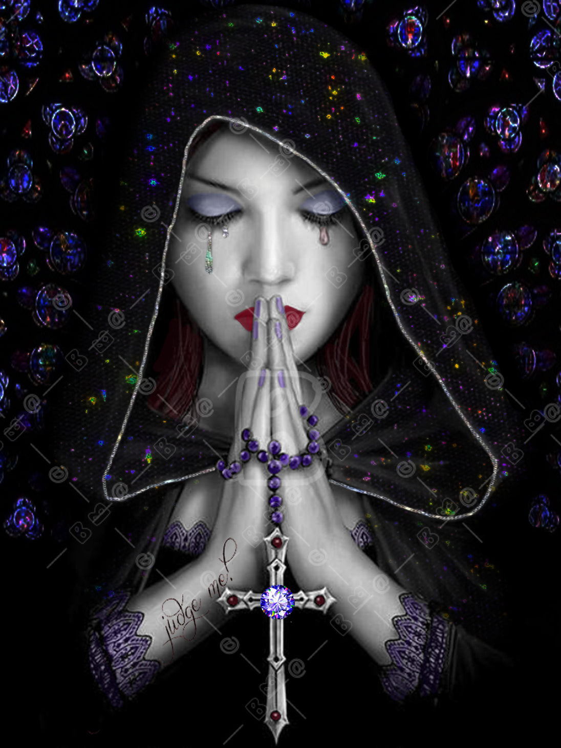 Diamond Painting einer betenden Frau mit Kapuze, violettem Rosenkranz und Kreuz vor schwarzem Hintergrund.
