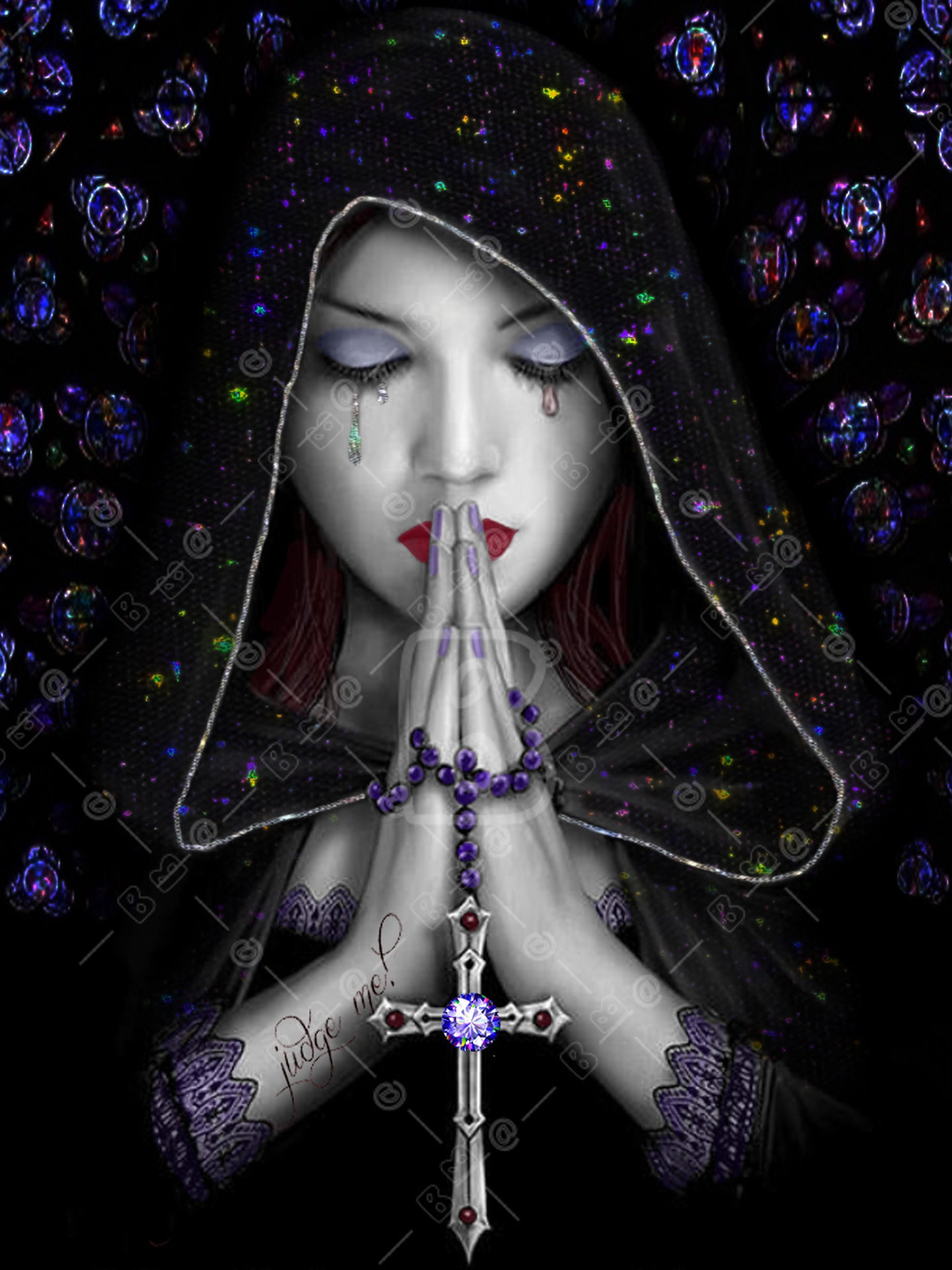 Diamond Painting einer betenden Frau mit Kapuze, violettem Rosenkranz und Kreuz vor schwarzem Hintergrund.
