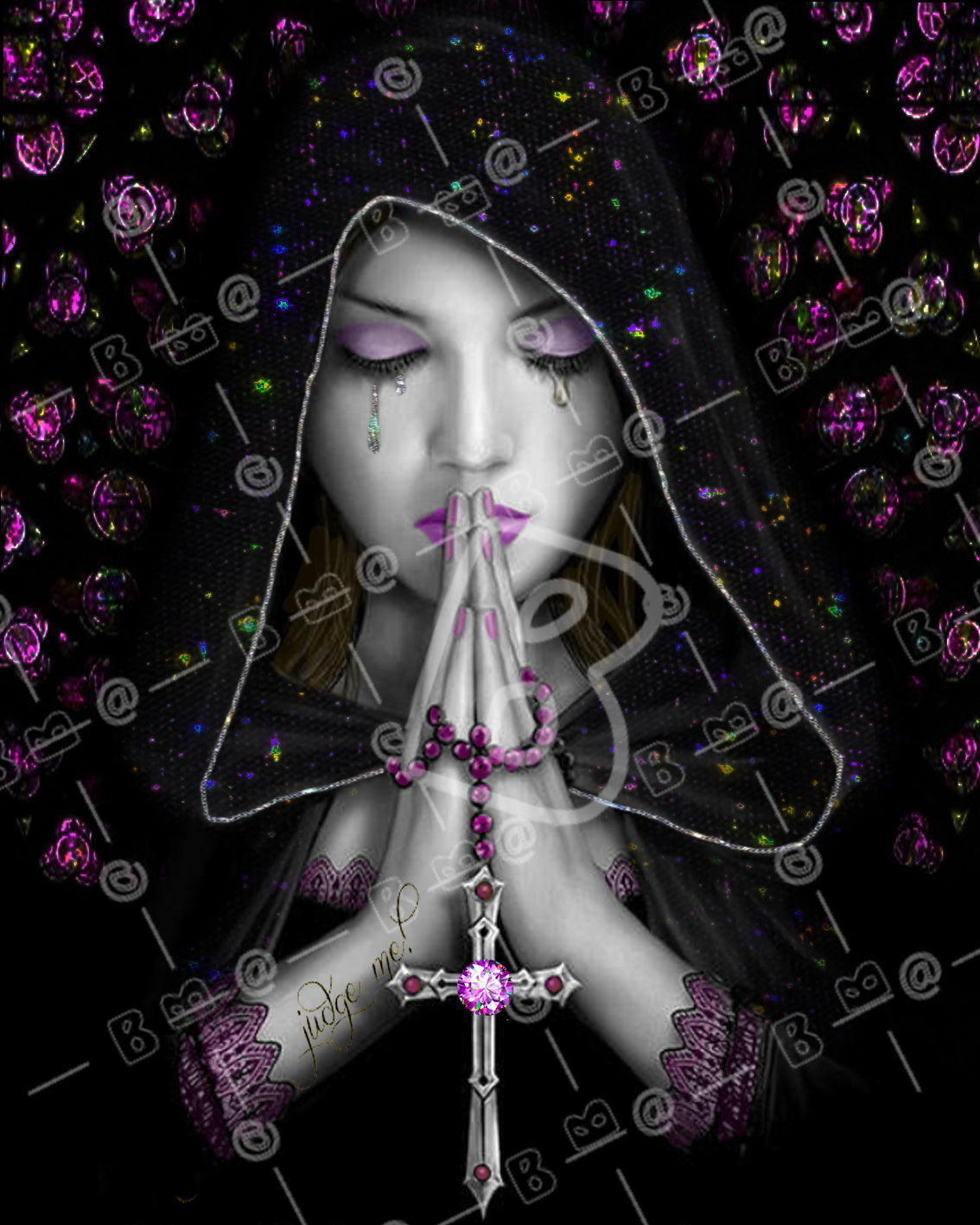 Diamond Painting einer betenden Frau mit Kapuze, pinkem Rosenkranz und Kreuz vor schwarzem Hintergrund. 