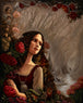 Diamond Painting einer Frau im Profil, deren langes Haar mit Rosen und vielen kleinen Gesichtern verflochten ist. 
