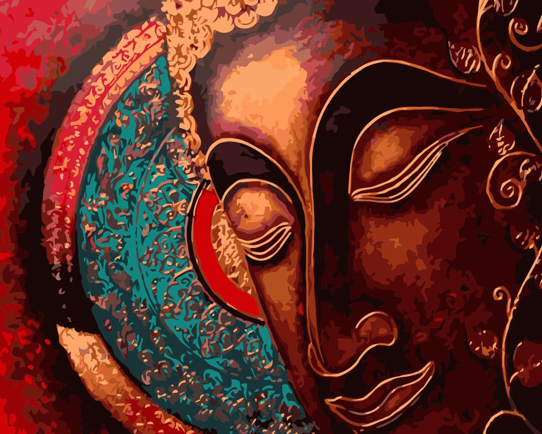 Diamond Painting mit stilisiertem Buddha-Gesicht in warmen Braun- und Goldtönen mit türkisen Ornamenten.
