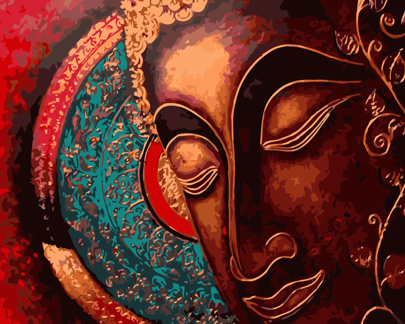 Diamond Painting mit stilisiertem Buddha-Gesicht in warmen Braun- und Goldtönen mit türkisen Ornamenten.
