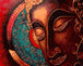 Diamond Painting mit stilisiertem Buddha-Gesicht in warmen Braun- und Goldtönen mit türkisen Ornamenten.
