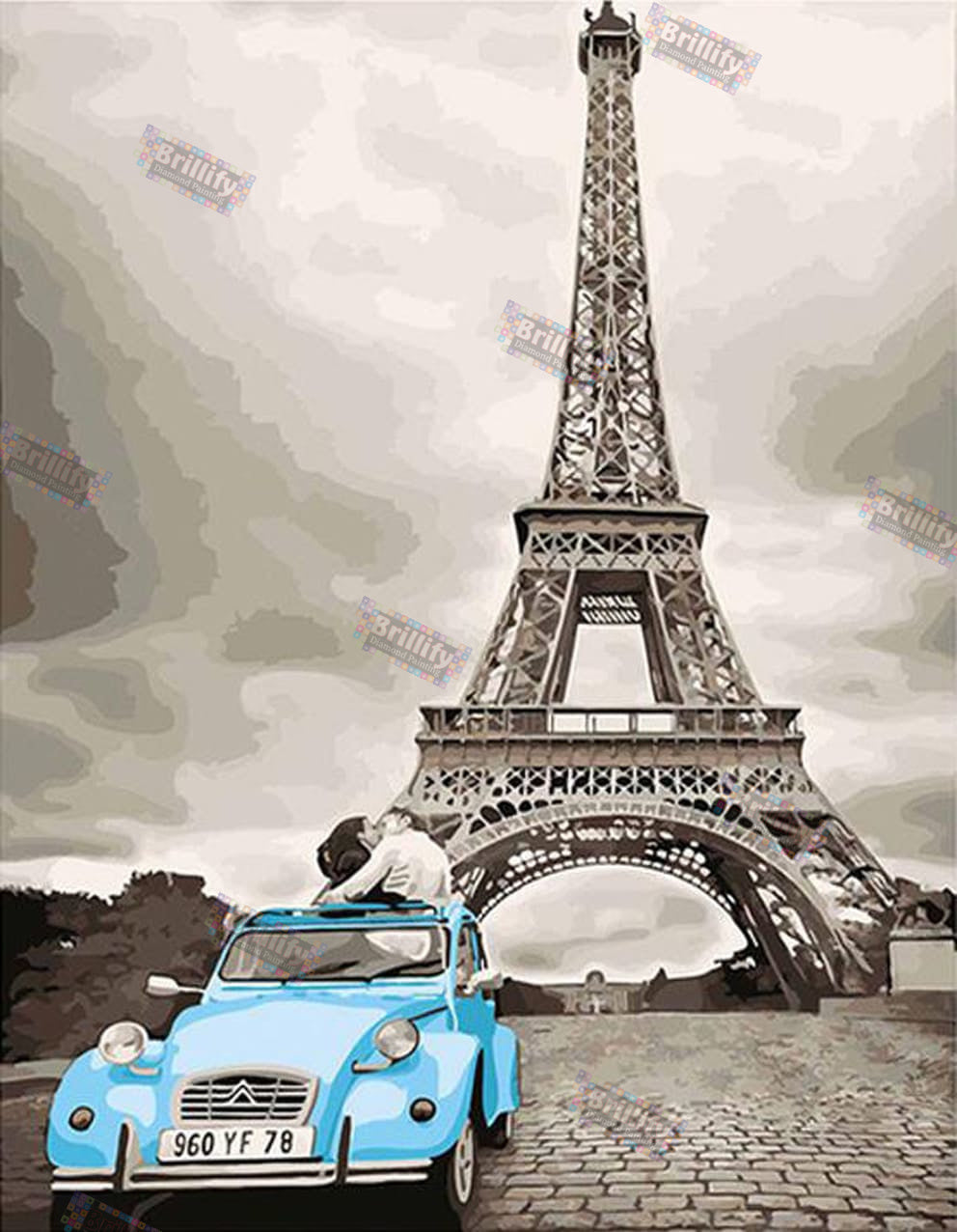 Diamond Painting mit Eiffelturm und hellblauem Oldtimer vor einer Pariser Stadtkulisse.
