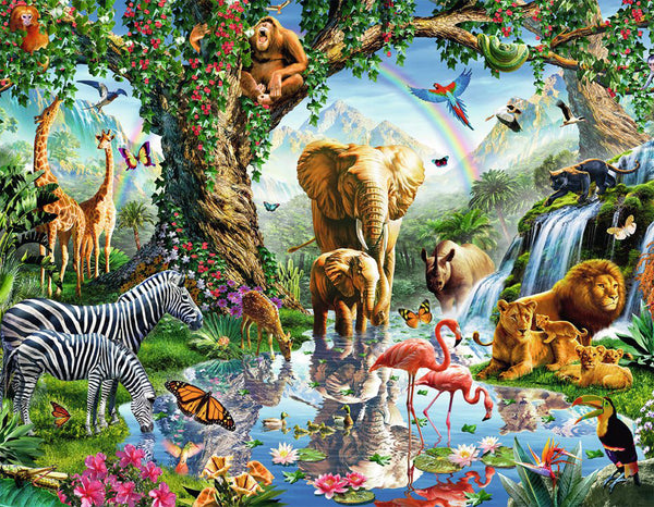Diamond Painting mit Elefanten, Zebras, Löwen und exotischen Tieren in einer farbenfrohen Safari-Landschaft.
