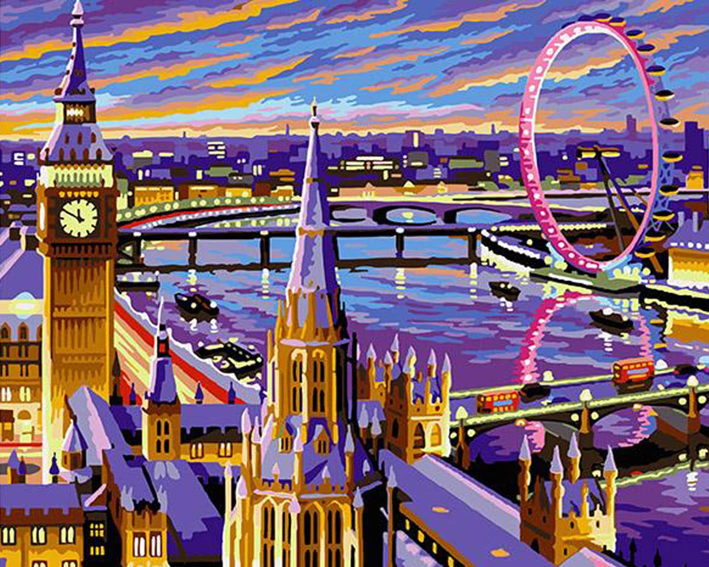 Diamond Painting mit London Skyline, Big Ben, London Eye und Themse bei farbenfrohem Sonnenuntergang.
