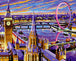 Diamond Painting mit London Skyline, Big Ben, London Eye und Themse bei farbenfrohem Sonnenuntergang.
