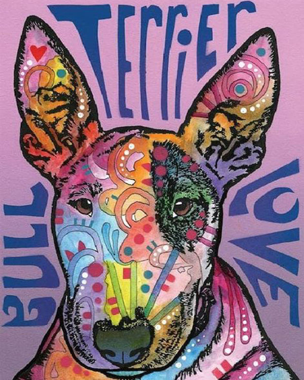 Diamond Painting mit buntem Terrier im Pop-Art-Stil auf violettem Hintergrund.
