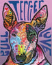 Diamond Painting mit buntem Terrier im Pop-Art-Stil auf violettem Hintergrund.
