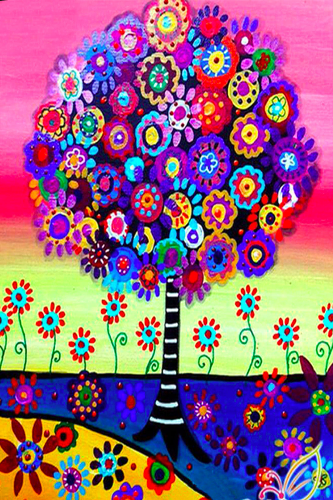 Diamond Painting eines bunten Baumes mit Blumenkrone vor einem pinken Hintergrund im Pop-Art-Stil. 

