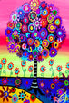 Diamond Painting eines bunten Baumes mit Blumenkrone vor einem pinken Hintergrund im Pop-Art-Stil. 
