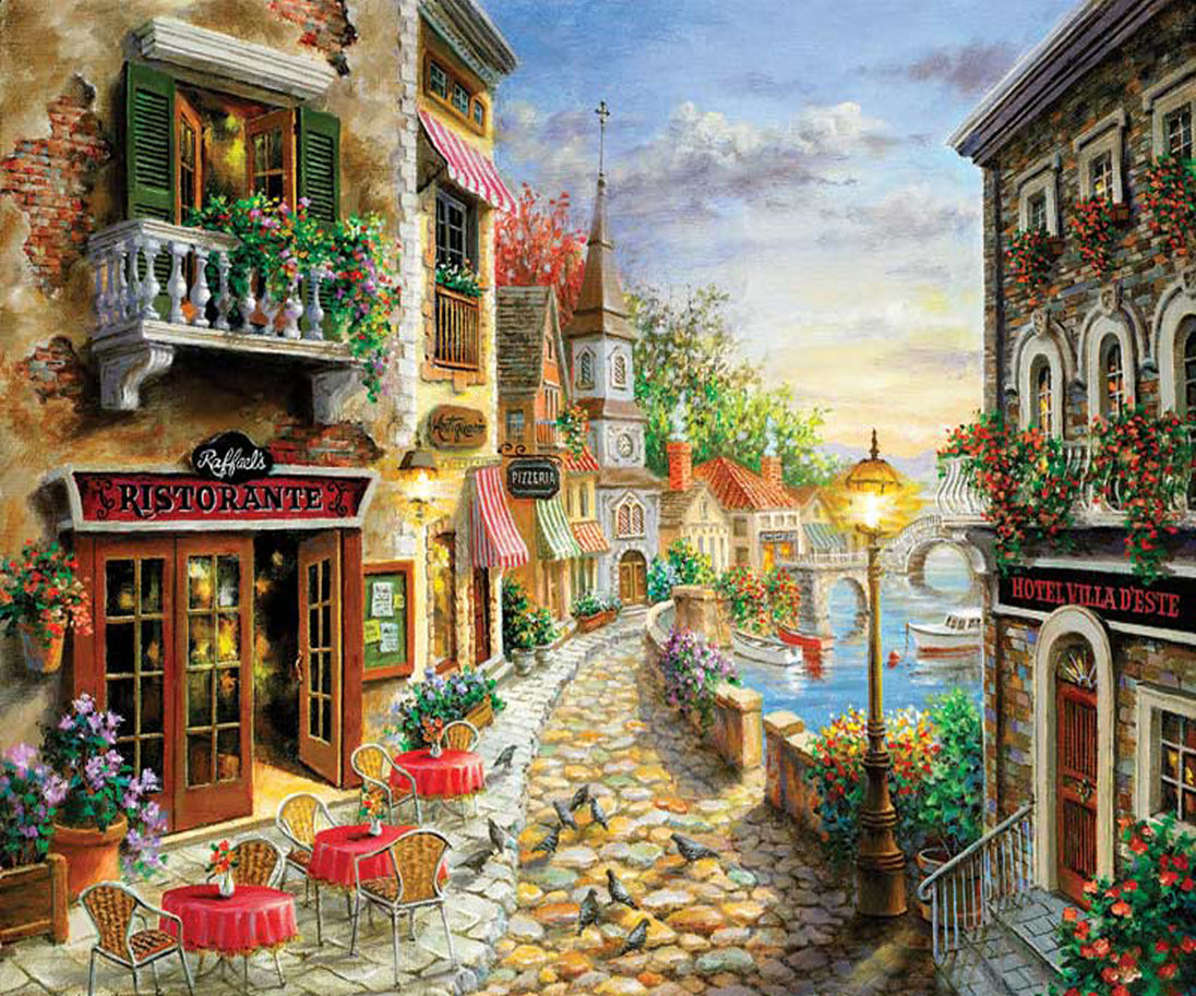 Diamond Painting einer italienischen Straßenszene mit Restaurants am Kanal bei Sonnenuntergang. 
