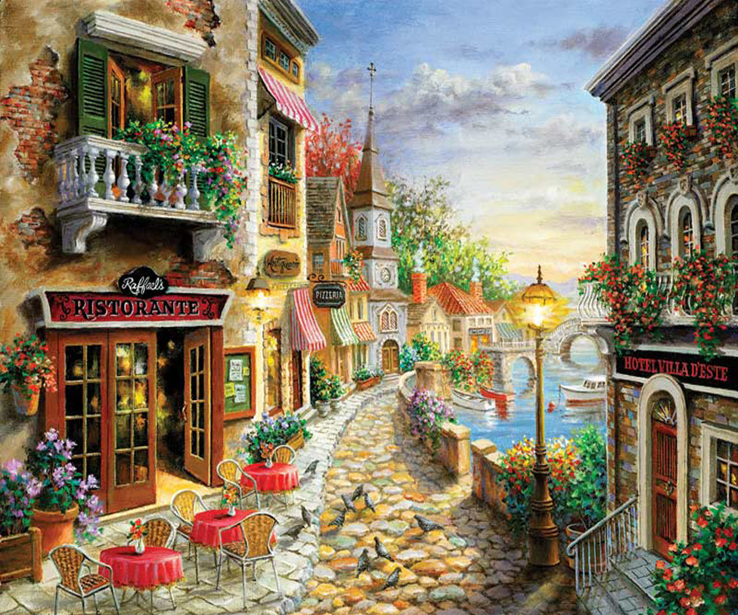 Diamond Painting einer italienischen Straßenszene mit Restaurants am Kanal bei Sonnenuntergang. 
