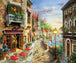Diamond Painting einer italienischen Straßenszene mit Restaurants am Kanal bei Sonnenuntergang. 

