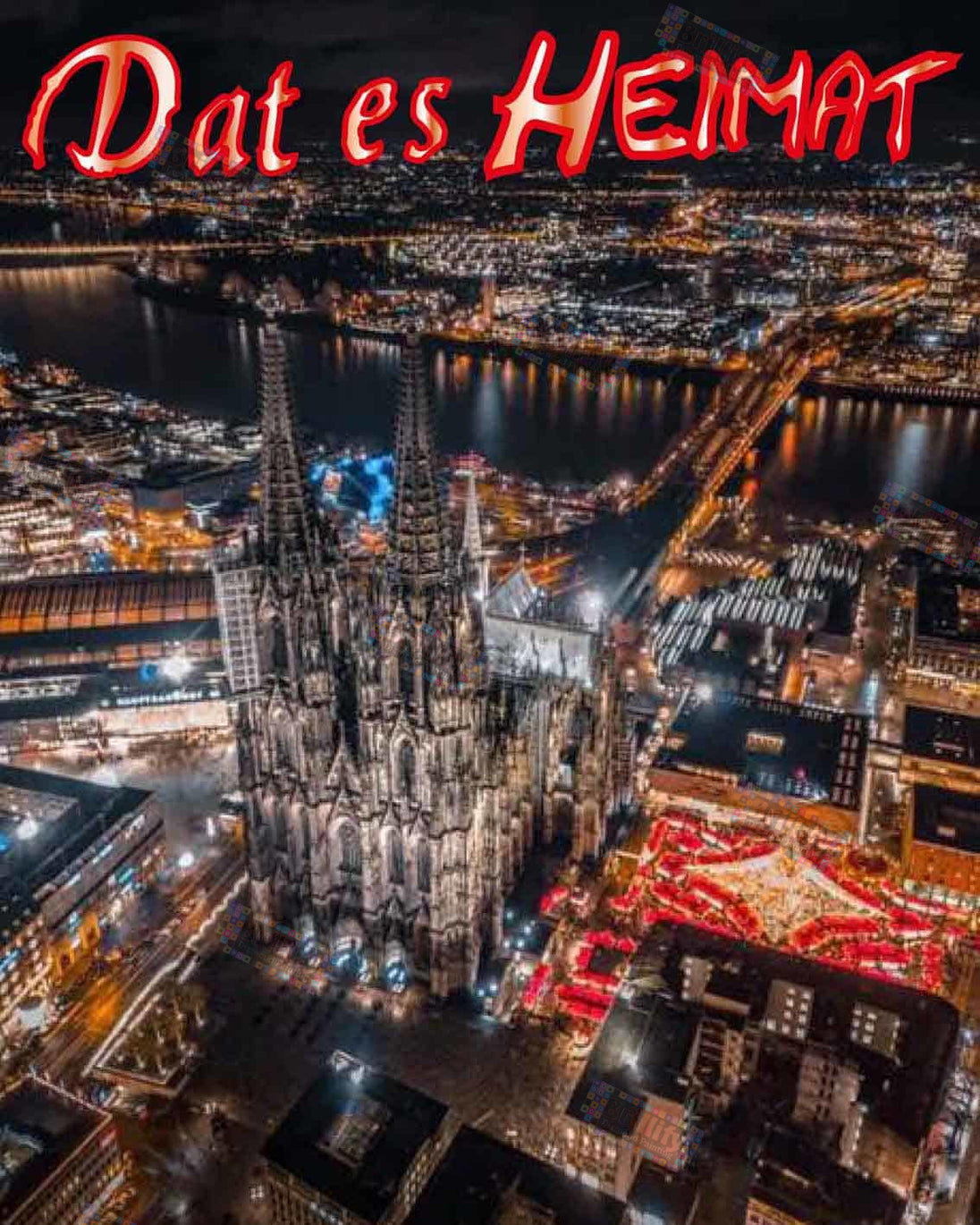 Diamond Painting des Kölner Doms bei Nacht mit beleuchtetem Weihnachtsmarkt aus der Vogelperspektive. 
