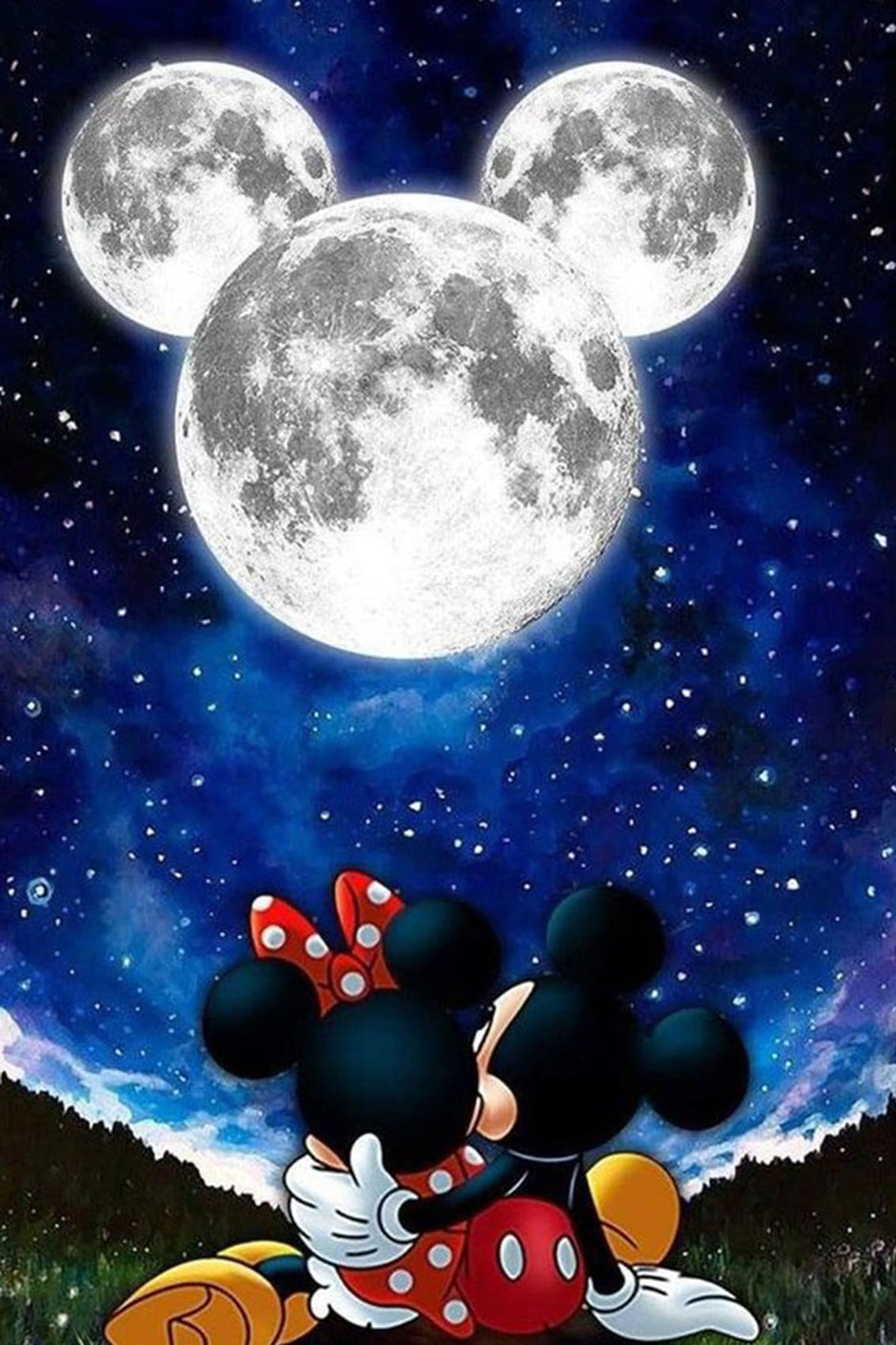 Diamond Painting von zwei Mause-Silhouetten unter einem Sternenhimmel mit Monden in Ohrenform. 