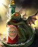 Diamond Painting eines kleinen grünen Drachen, der eine rote Tabasco-Flasche umarmt. 
