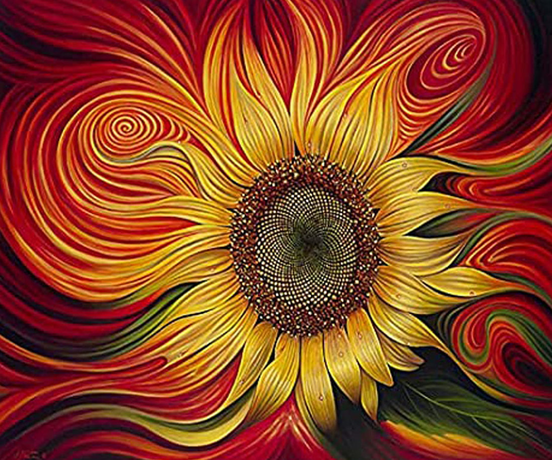 Diamond Painting einer goldgelben Sonnenblume mit geschwungenen roten und orangefarbenen Linien.