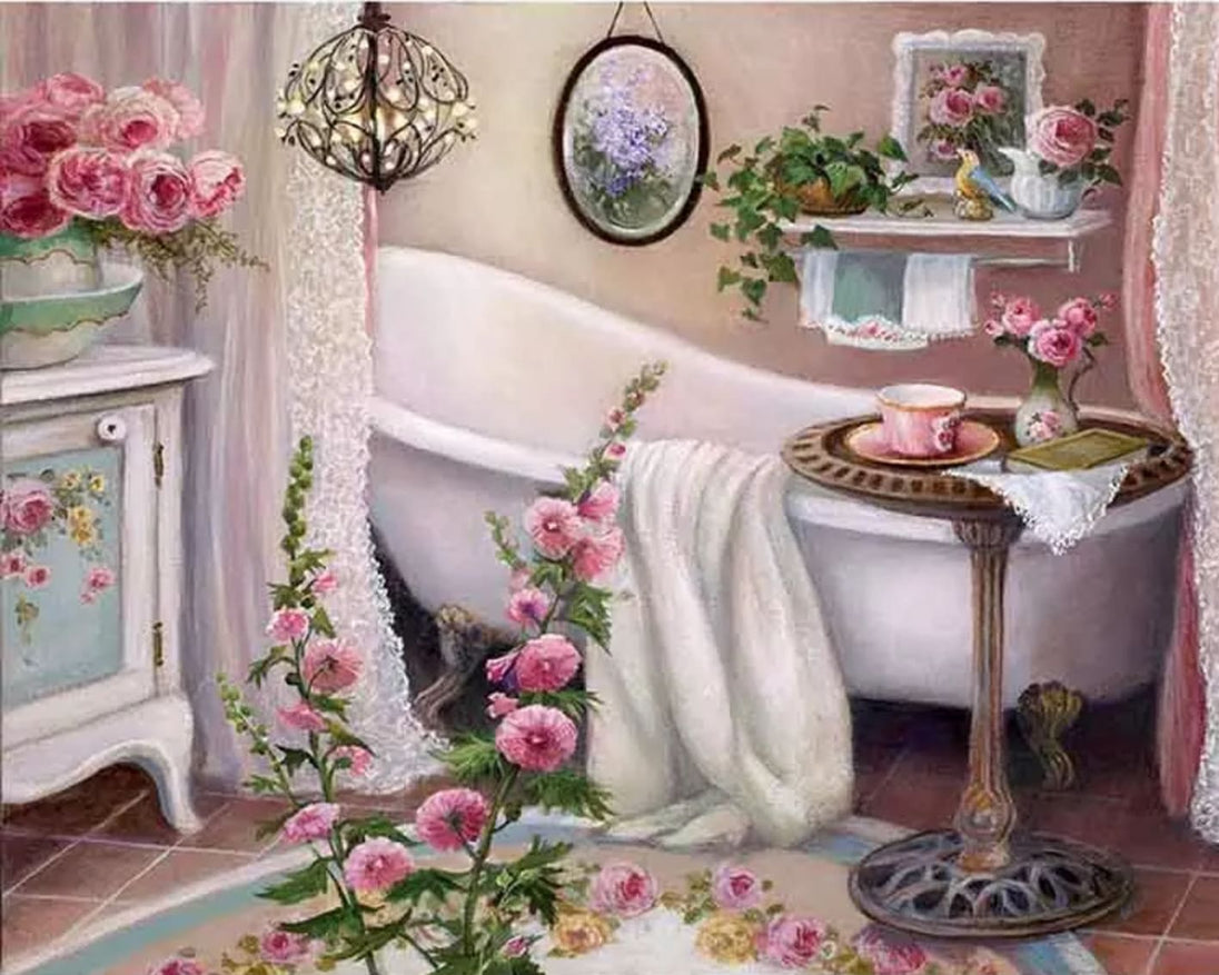 Diamond Painting mit weißer Badewanne, rosa Rosen, Teetasse und dekorativen Vintage-Elementen.