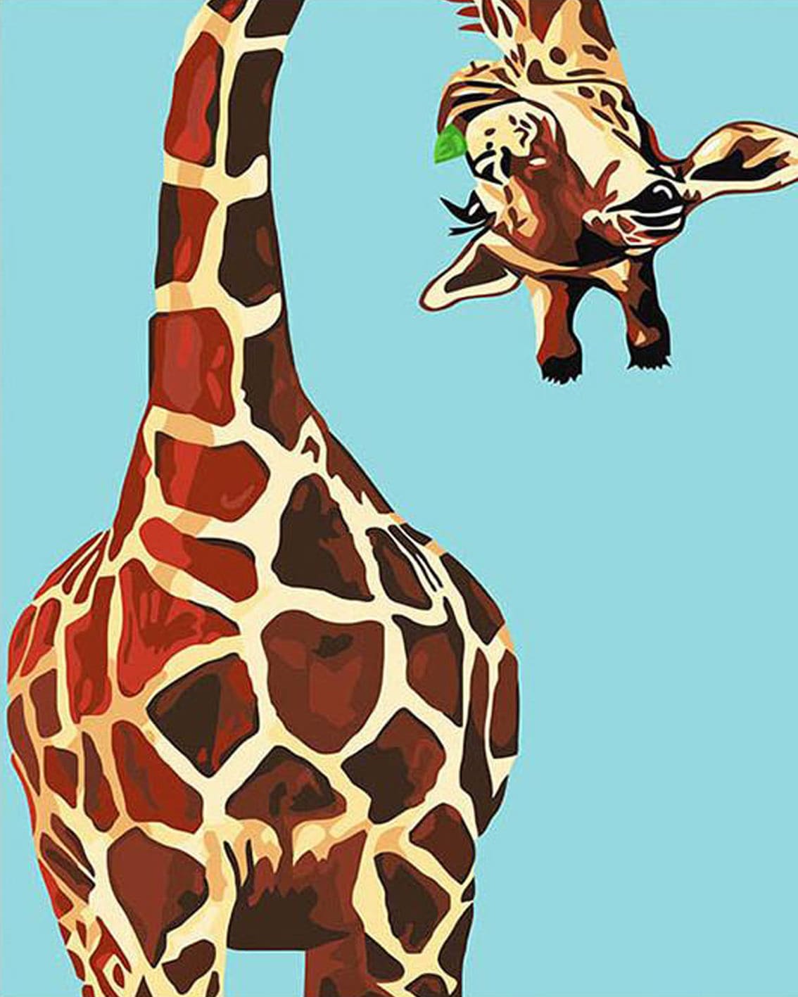 Diamond Painting mit einer einzelnen Giraffe vor hellblauem Hintergrund im Pop-Art-Stil.
