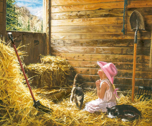 Diamond Painting mit Mädchen im rosa Hut, zwei Katzen und Heu in einer Holzscheune.