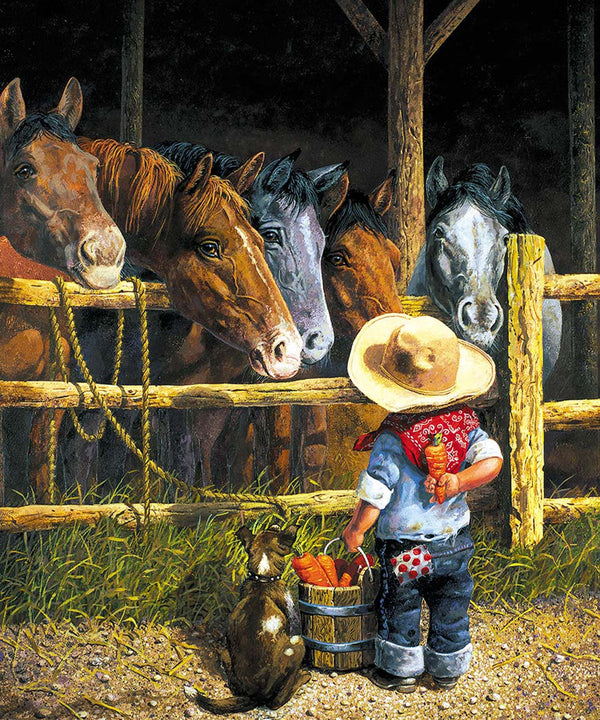 Diamond Painting mit Kind im Cowboyhut, vier Pferden und Hund am Pferdestall.