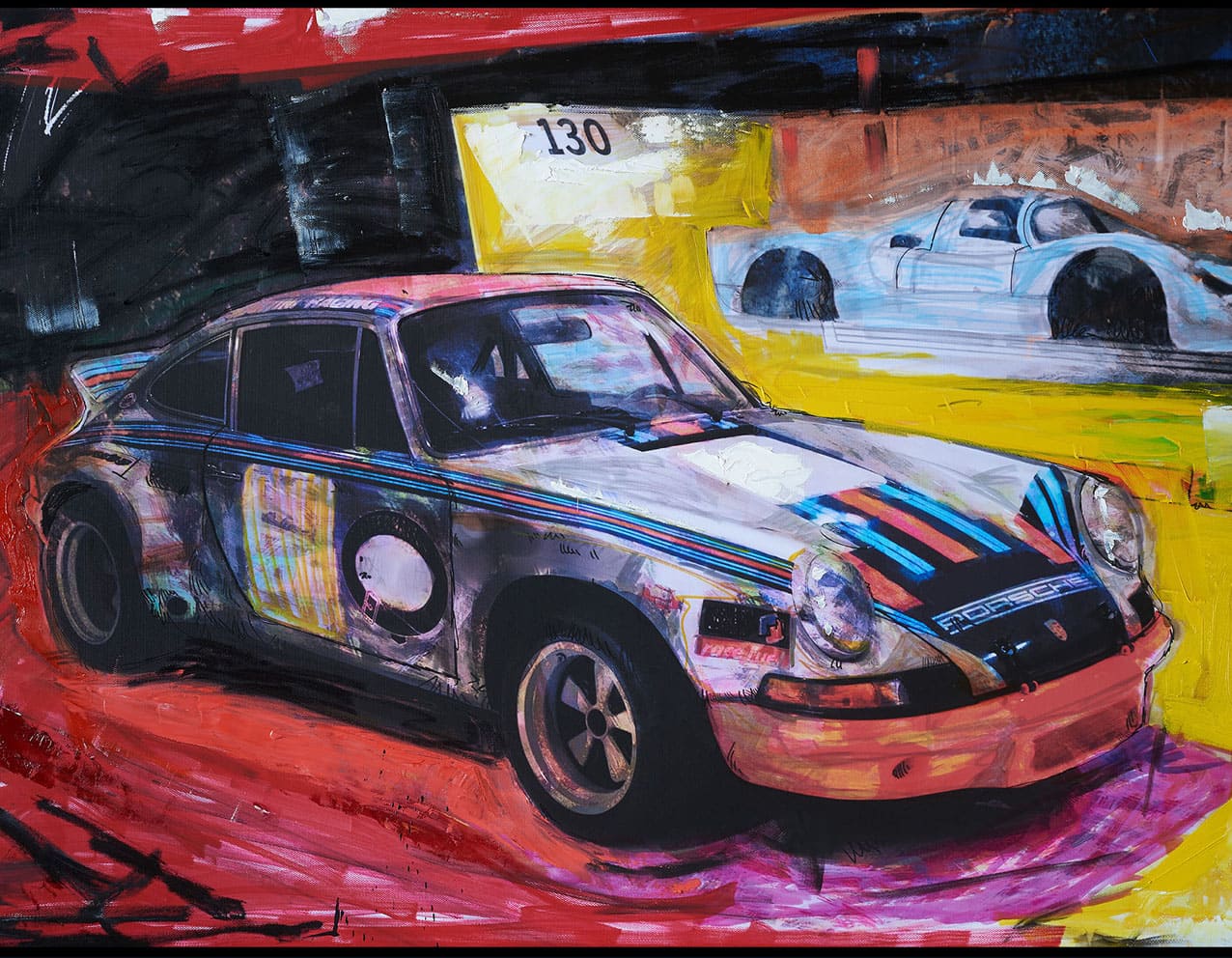 Diamond Painting mit klassischem Porsche 911 Rennwagen in Rot und Blau.