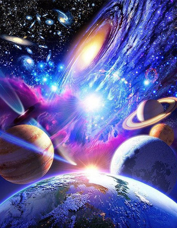 Diamond Painting einer bunten Weltraumszene mit Planeten, Ringen, Sternen und leuchtenden Nebeln. 
