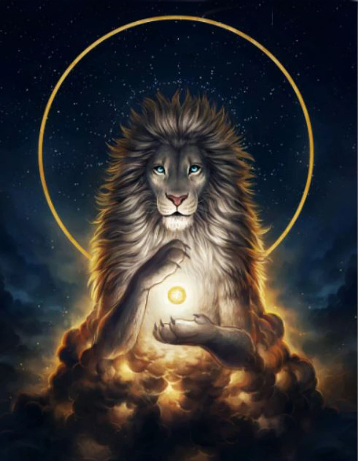 Diamond Painting eines majestätischen Löwen, der über Wolken schwebt und eine Lichtkugel zwischen den Pfoten hält. 
