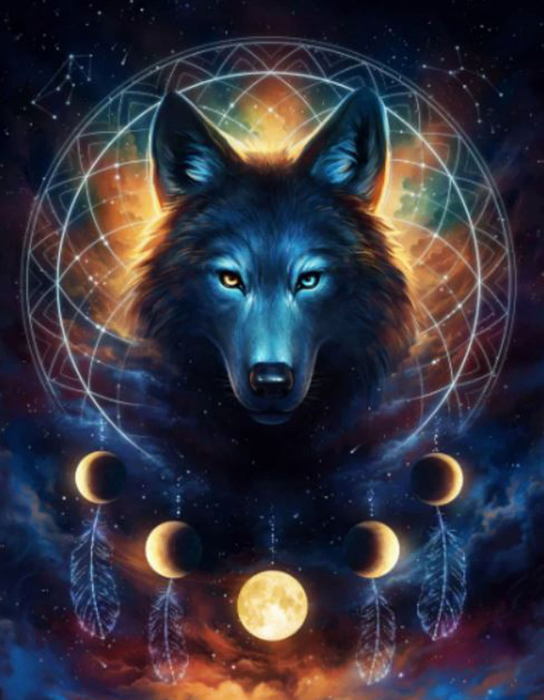 Diamond Painting eines Wolfskopfes in einem Traumfänger mit Mondphasen und Federn vor dem Weltall. 