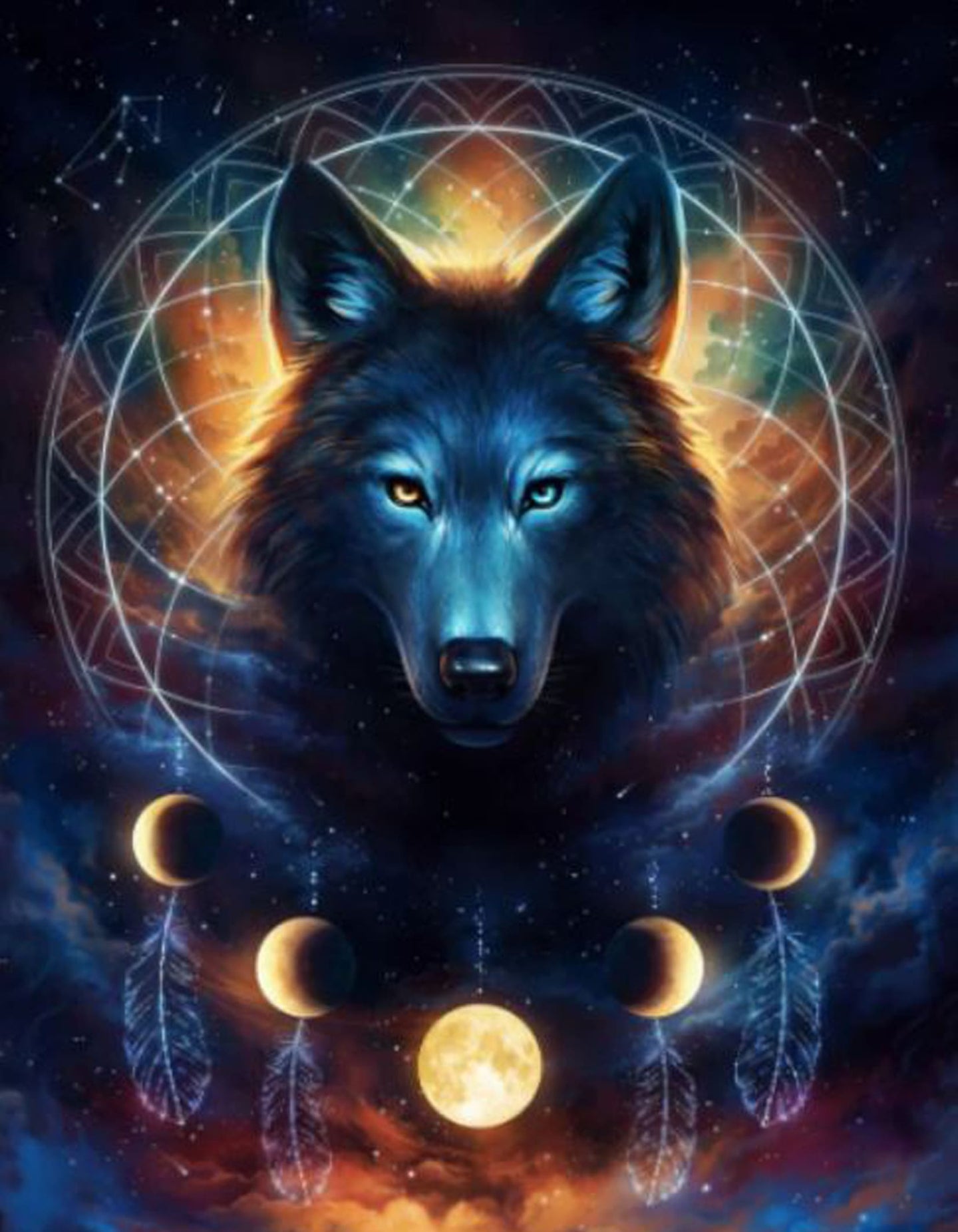 Diamond Painting eines Wolfskopfes in einem Traumfänger mit Mondphasen und Federn vor dem Weltall. 