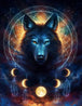 Diamond Painting eines Wolfskopfes in einem Traumfänger mit Mondphasen und Federn vor dem Weltall. 
